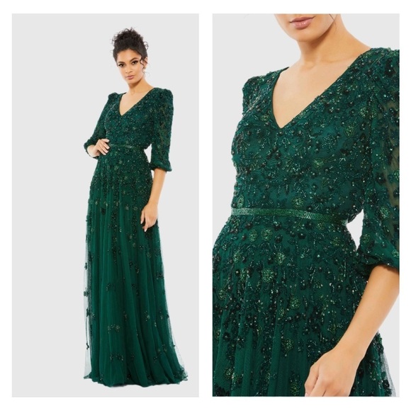 MAC DUGGAL 5497 NWT Green Embellished V Neck 3/4 Sleeve A Line Gown - Picture 1 of 7